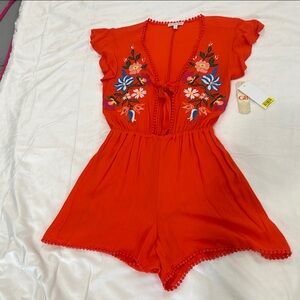 Gianni Bini Orange Floral Embroidered Romper